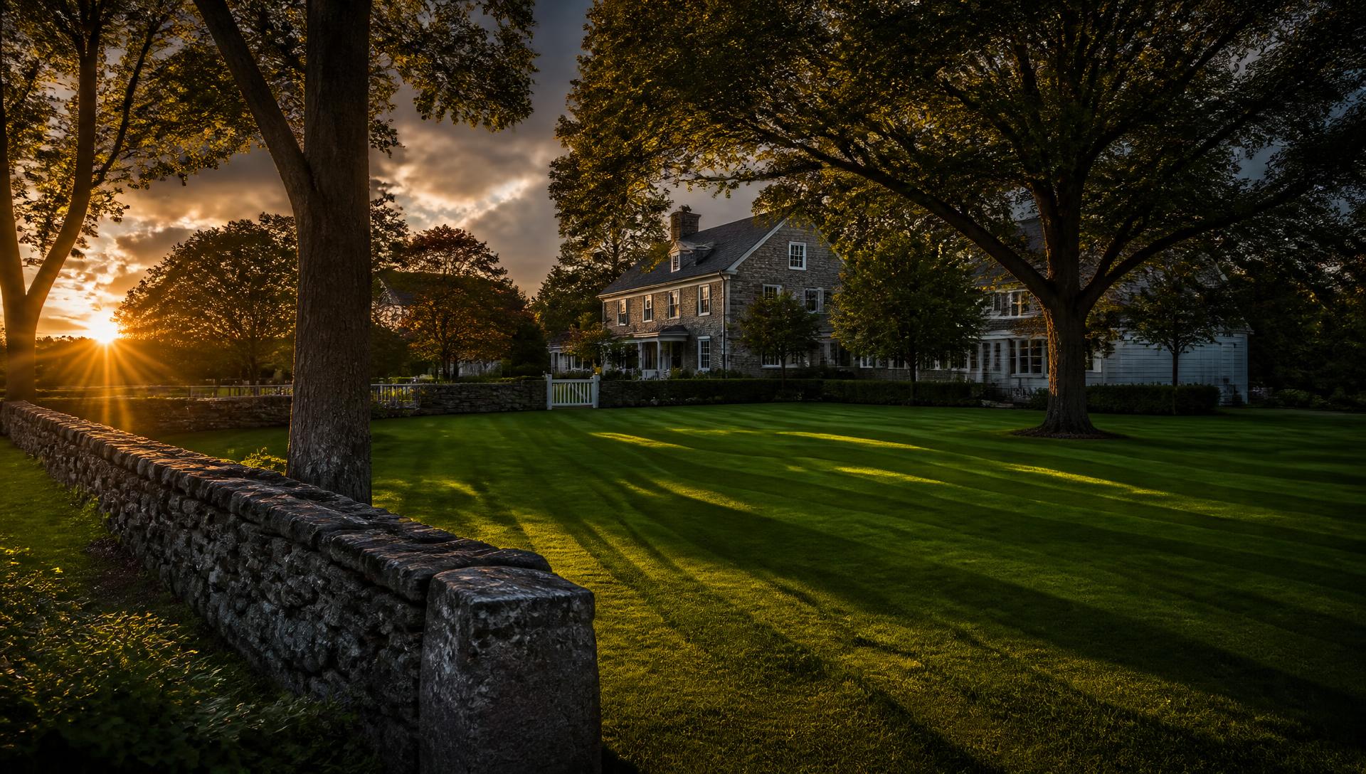 Freshly striped lawn and stone wall at a New England property at sunset